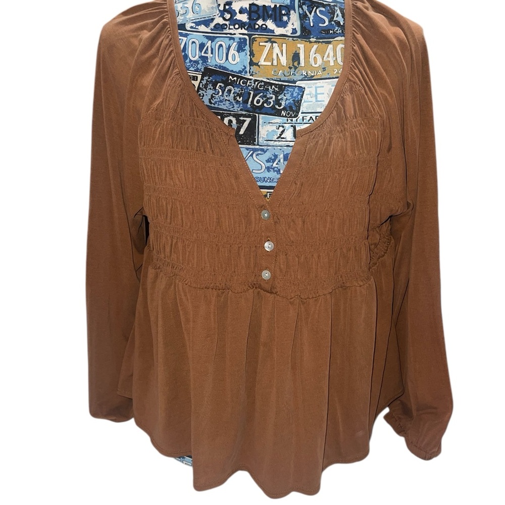 Lucky Brand Smocked Peasant Top Caramel Brown Boho Blouse Women’s L